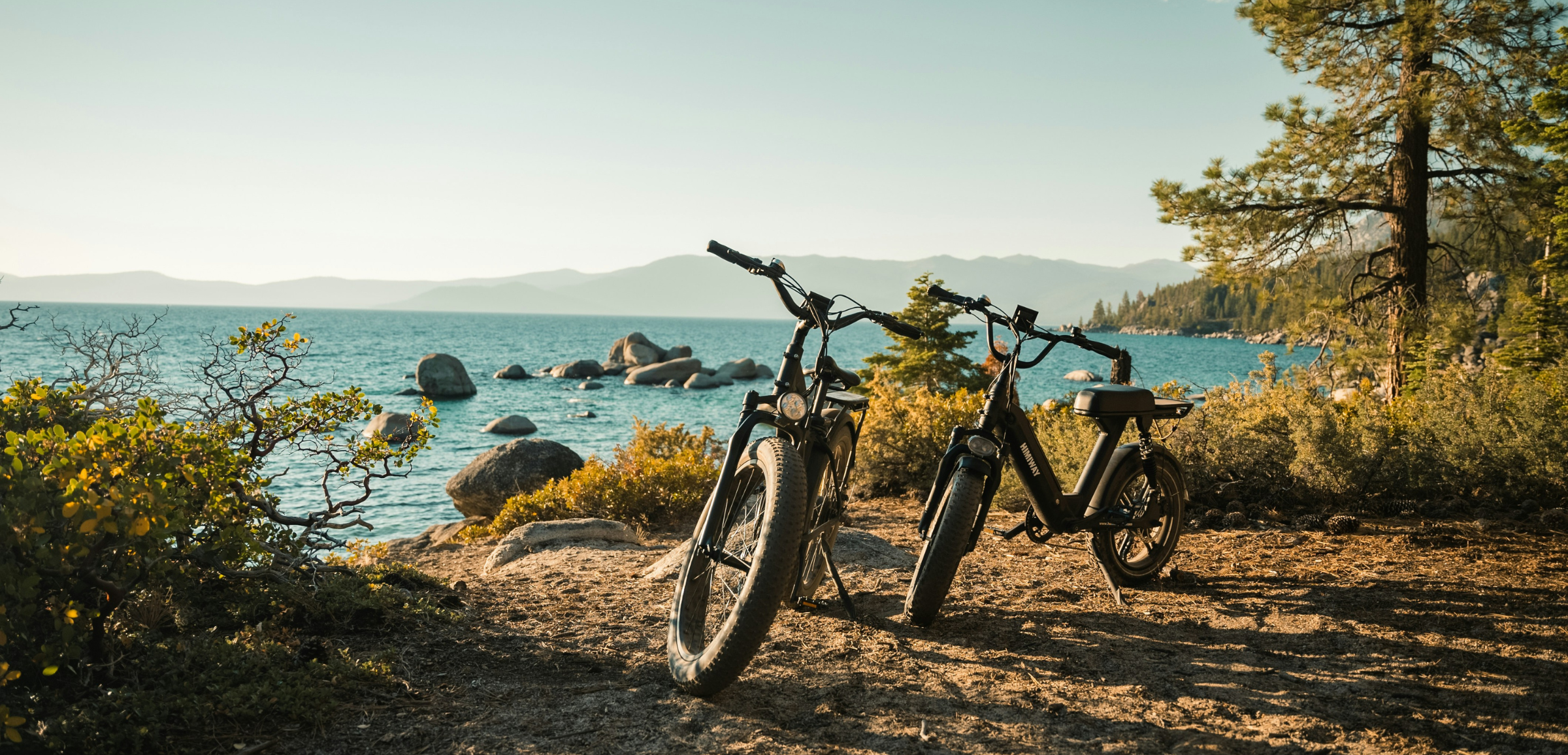 2 bikes in front of lake Tahoe